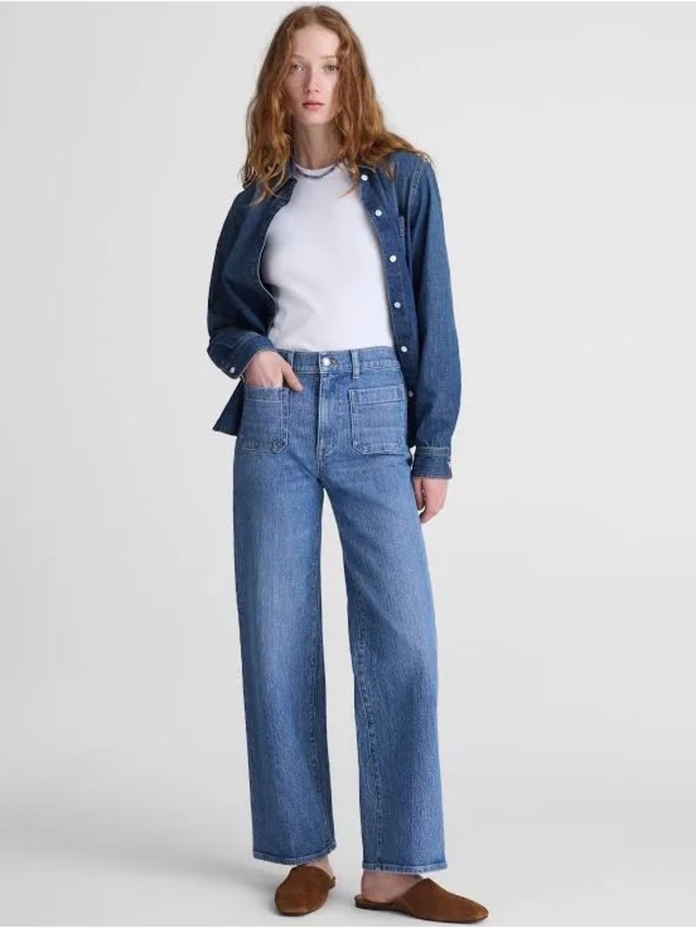 Madewell NWT Emmett Wide Leg Jeans High Rise Patch Pockets Blue Size 28
